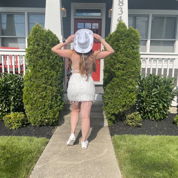 Dancing in a Dream White Fringe Lace-Up Two-Piece Mini Dress - Picture 2 of 5